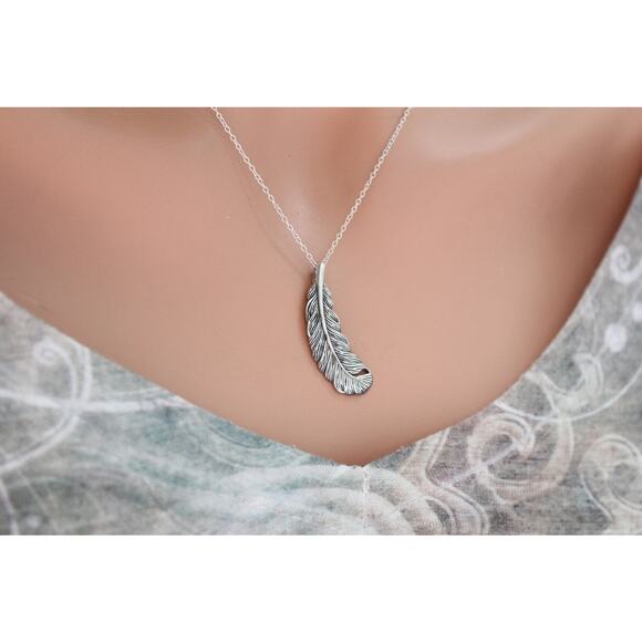 Sterling Silver Textured Feather Charm Necklace,Sterling Silver Feather Necklace - Picture 3 of 4